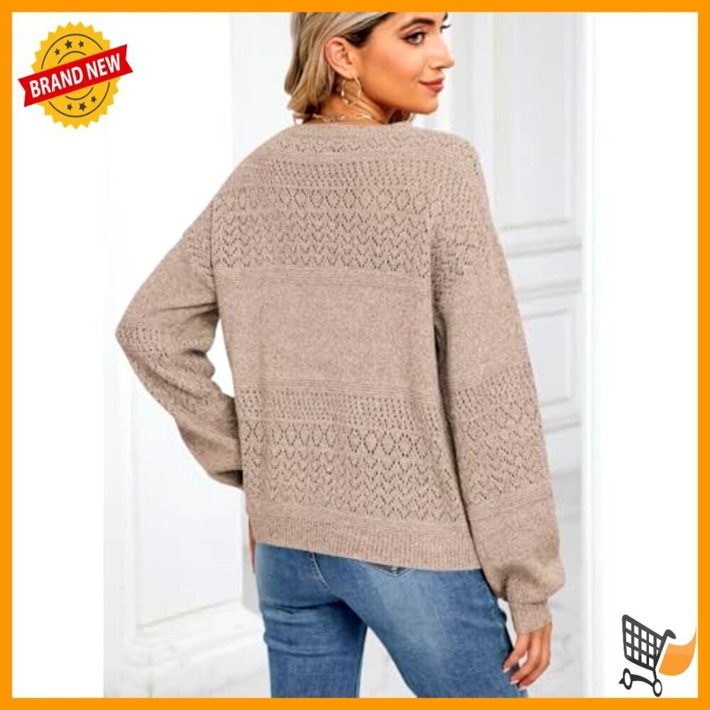 V Neck Crochet Pullover Sweater Lightweight Hollow Knit Casual Loose Fit - Picture 4 of 7
